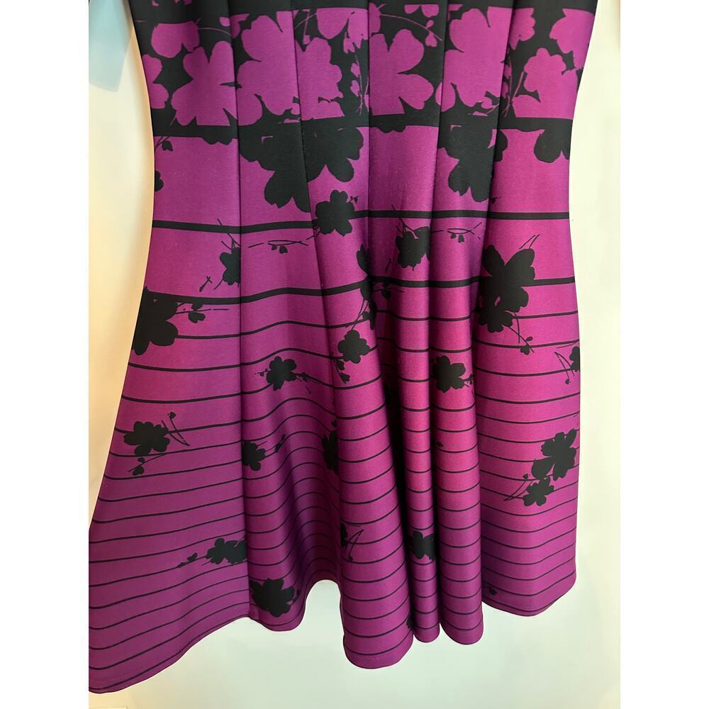 Size 8 Purple Black Floral Striped Scuba Fit Flare Mini Dress Work Knee Length - Picture 5 of 12